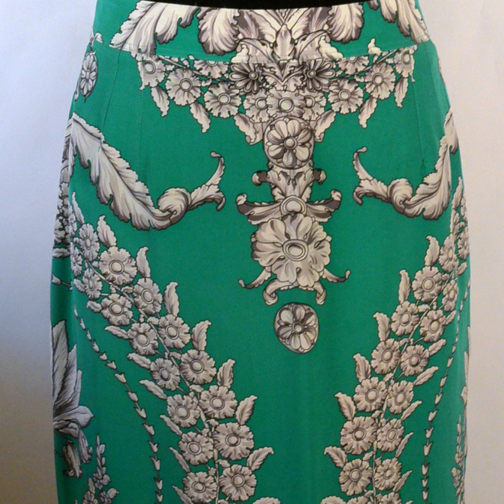Straight Silk Skirt 8 Dressy Floral Green White Lined Knee Length Office Party